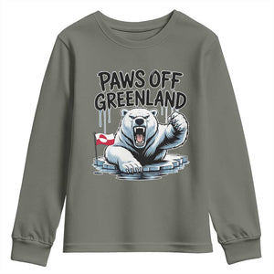 Paws Off Greenland Youth Sweatshirt Resist Polar Bear Political Satire TS11 Military Green Print Your Wear