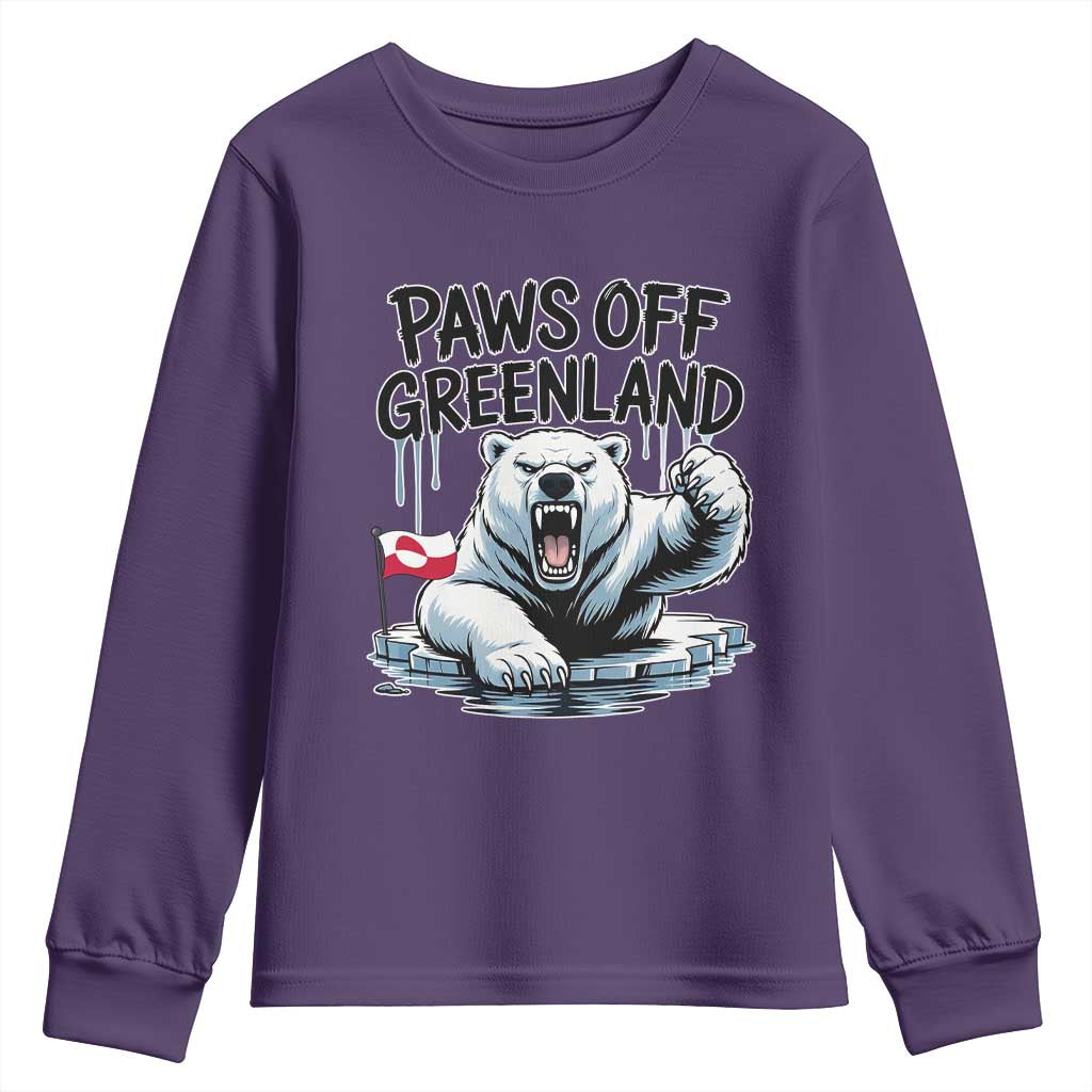 Paws Off Greenland Youth Sweatshirt Resist Polar Bear Political Satire TS11 Purple Print Your Wear