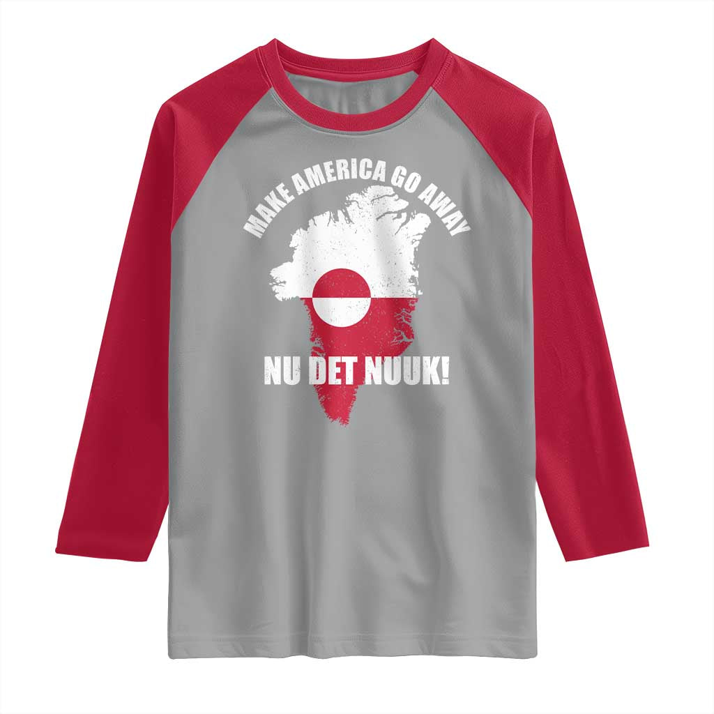 Nu Det Nuuk Make America Go Away Raglan Shirt Support Greenland Political Statement TS11 Sport Gray Red Print Your Wear