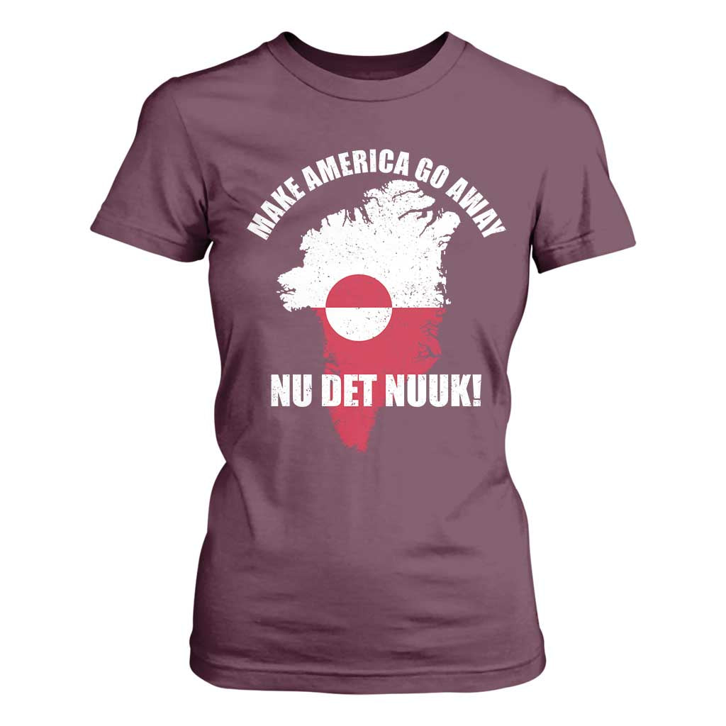 Nu Det Nuuk Make America Go Away T Shirt For Women Support Greenland Political Statement TS11 Maroon Print Your Wear