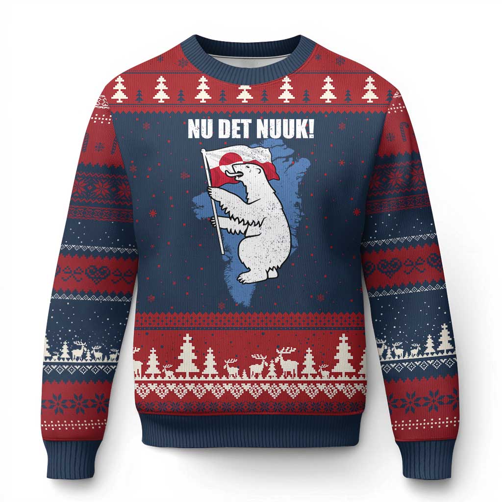 Nu Det Nuuk Nows Enough Ugly Christmas Sweater Funny Saying Bear Greenlandic Flag TS11 Navy Red Print Your Wear