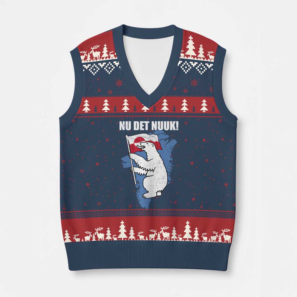 Nu Det Nuuk Nows Enough V-Neck Knit Sweater Vest Funny Saying Bear Greenlandic Flag TS11 Navy Red Print Your Wear