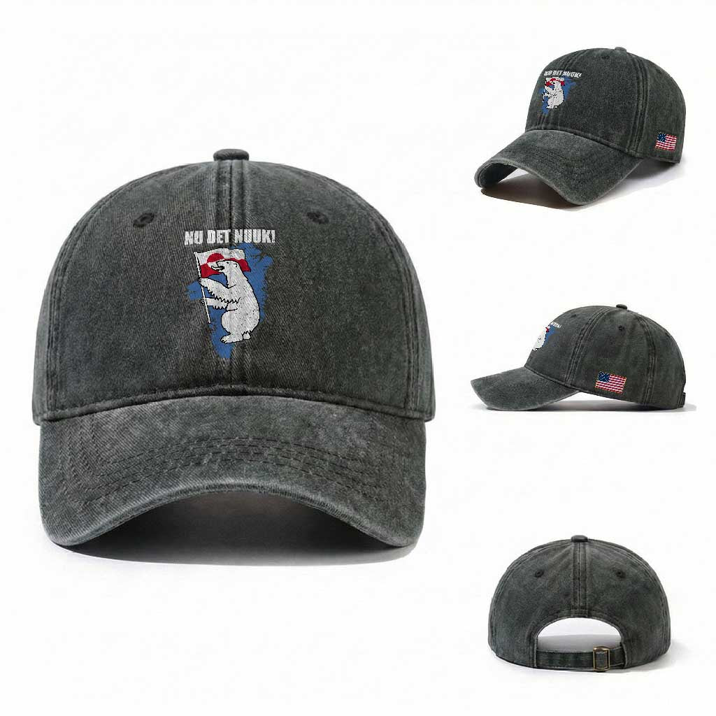 Nu Det Nuuk Nows Enough Washed Cotton Baseball Cap Funny Saying Bear Greenlandic Flag TS11 Washed Cap Universal Fit Dark Green Print Your Wear