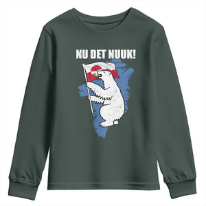 Nu Det Nuuk Nows Enough Youth Sweatshirt Funny Saying Bear Greenlandic Flag TS11 Dark Forest Green Print Your Wear