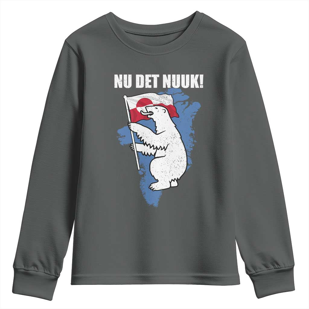 Nu Det Nuuk Nows Enough Youth Sweatshirt Funny Saying Bear Greenlandic Flag TS11 Dark Heather Print Your Wear