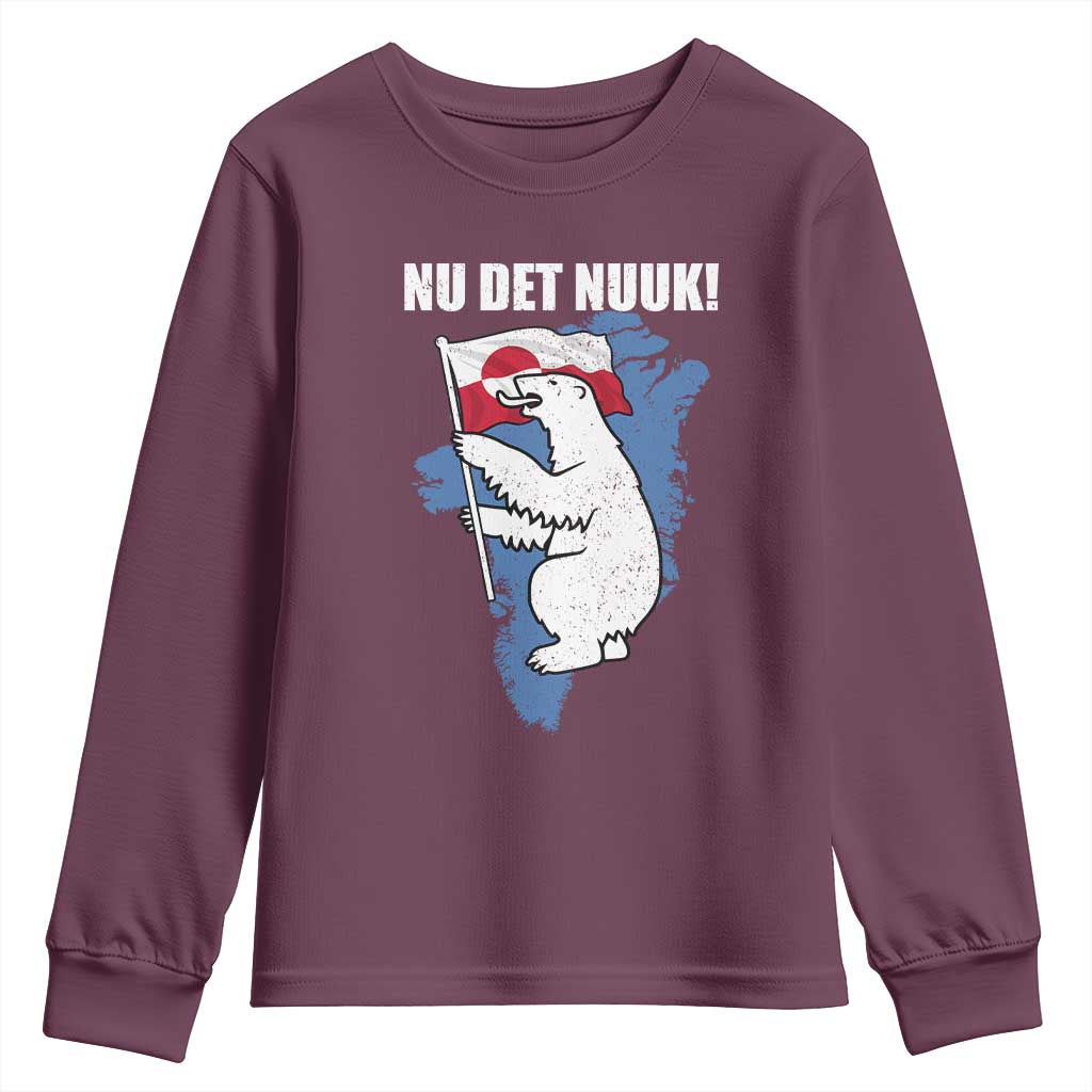 Nu Det Nuuk Nows Enough Youth Sweatshirt Funny Saying Bear Greenlandic Flag TS11 Maroon Print Your Wear
