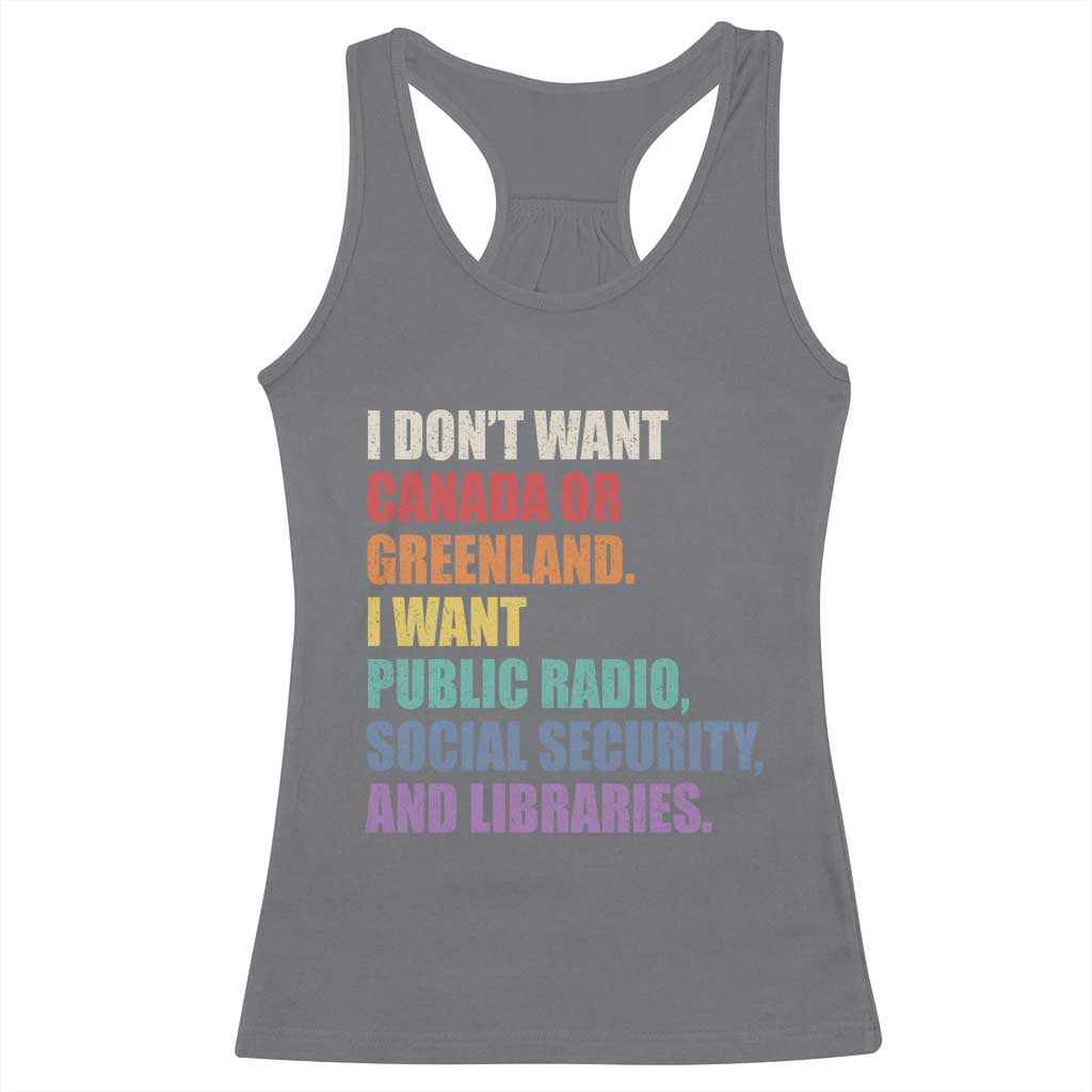 I Dont Want Canada Or Greenland I Want Public Radio Social Security And Libraries Racerback Tank Top Political Satire TS11 Charcoal Print Your Wear