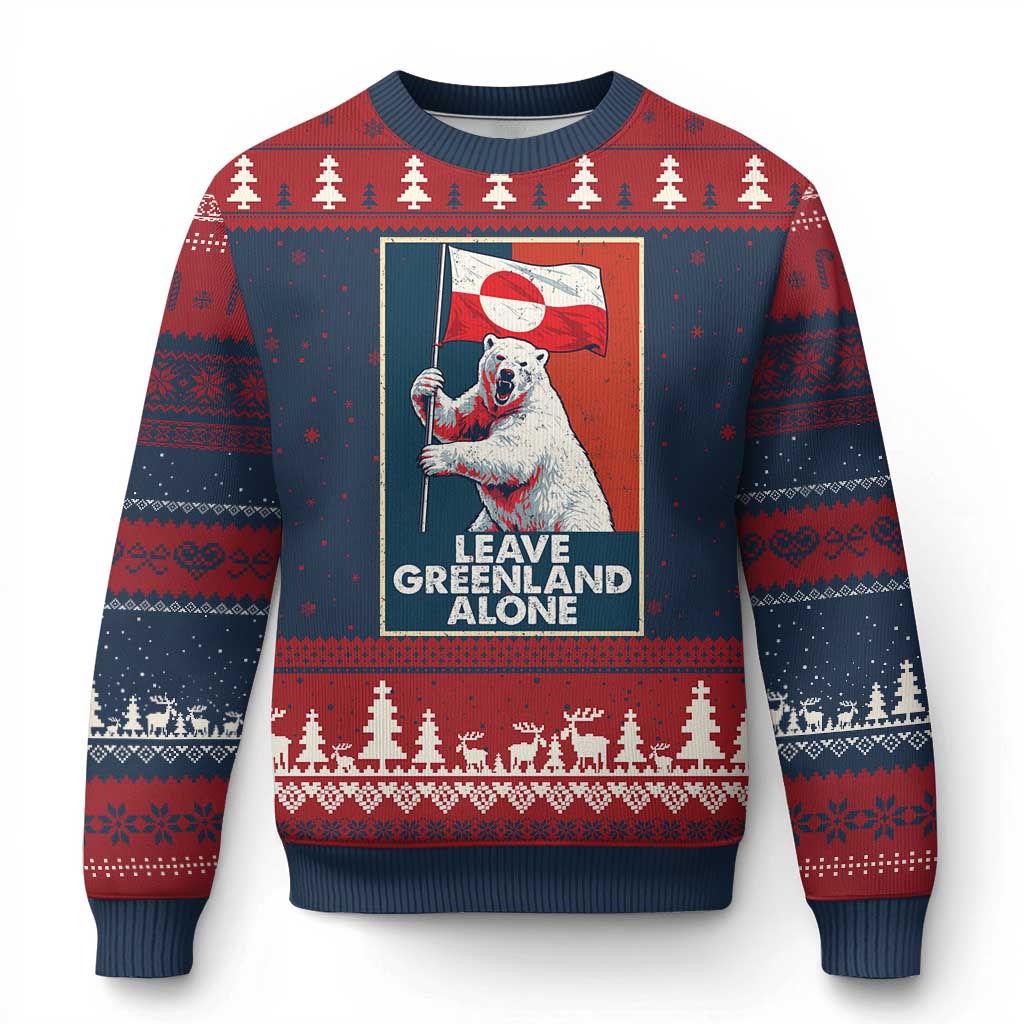 Leave Greenland Alone Ugly Christmas Sweater Polar Bear Holding Flag Greenlanders Supports TS11 Navy Red Print Your Wear