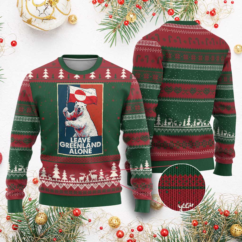 Leave Greenland Alone Ugly Christmas Sweater Polar Bear Holding Flag Greenlanders Supports TS11 Red Green Print Your Wear