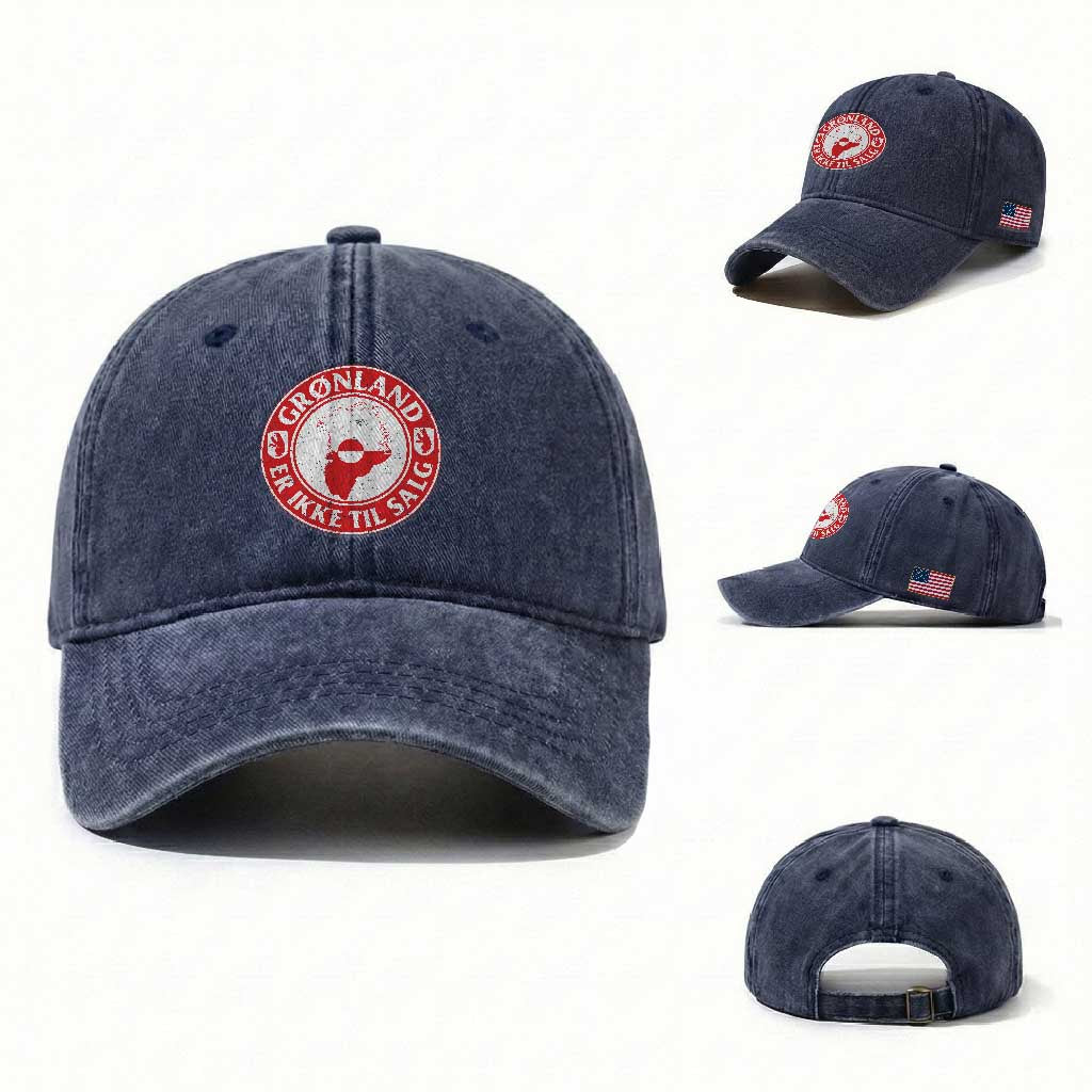 Greenland Is Not For Sale Washed Cotton Baseball Cap Gronland Er Ikke Til Salg Greenland Protest TS11 Washed Cap Universal Fit Navy Print Your Wear