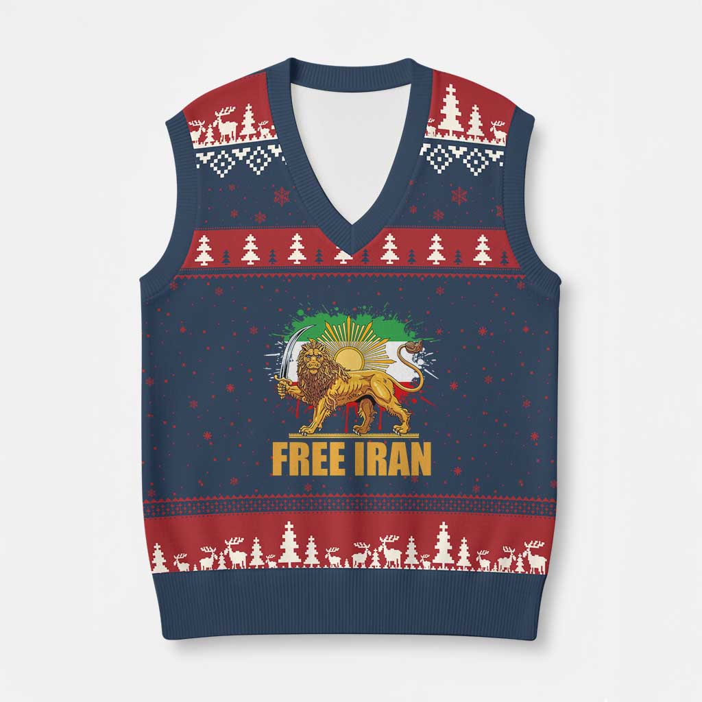 Free Iran V-Neck Knit Sweater Vest Iran Flag Lion And Sun Persian Pride Iranian Protests TS11 Navy Red Print Your Wear