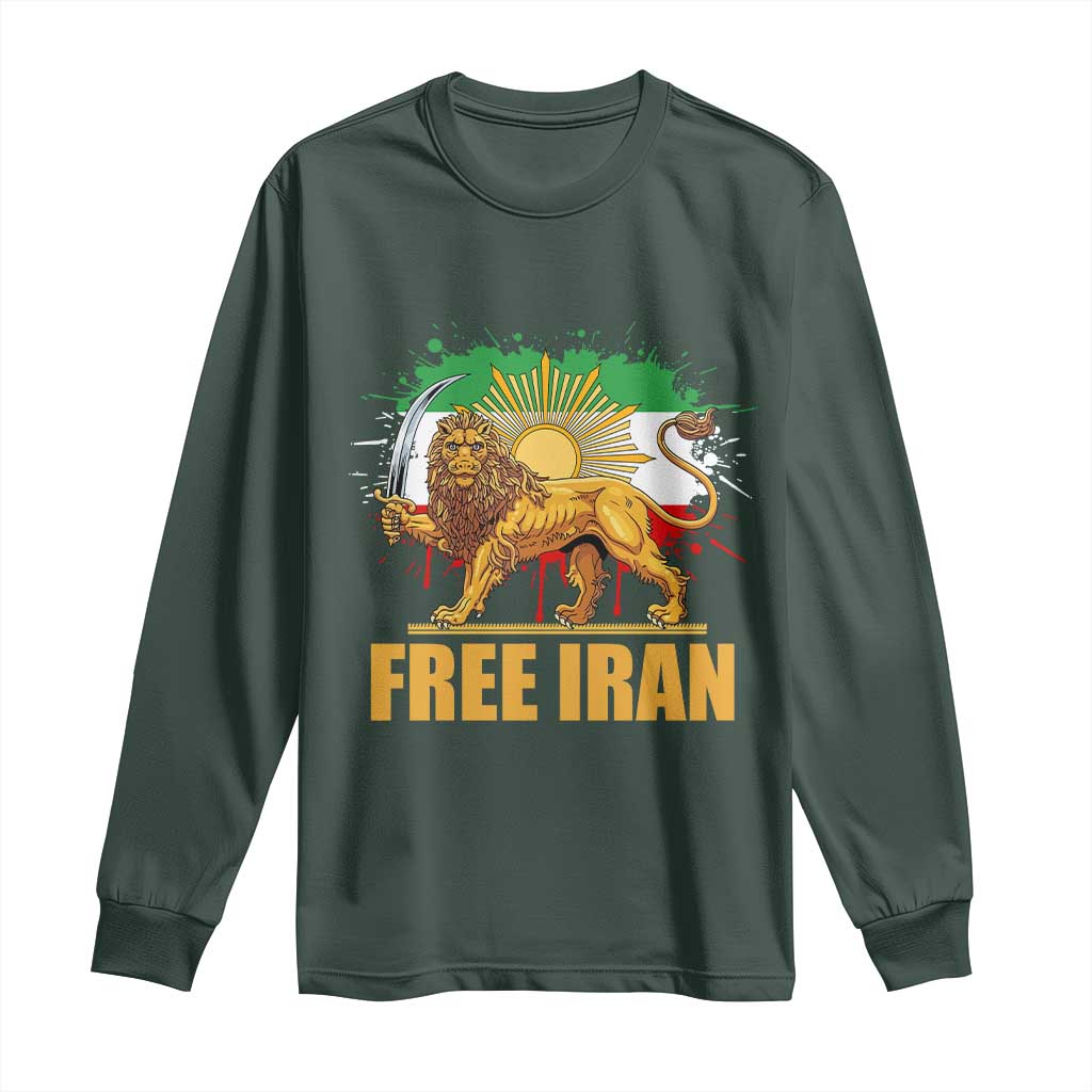 Free Iran Long Sleeve Shirt Iran Flag Lion And Sun Persian Pride Iranian Protests TS11 Dark Forest Green Print Your Wear