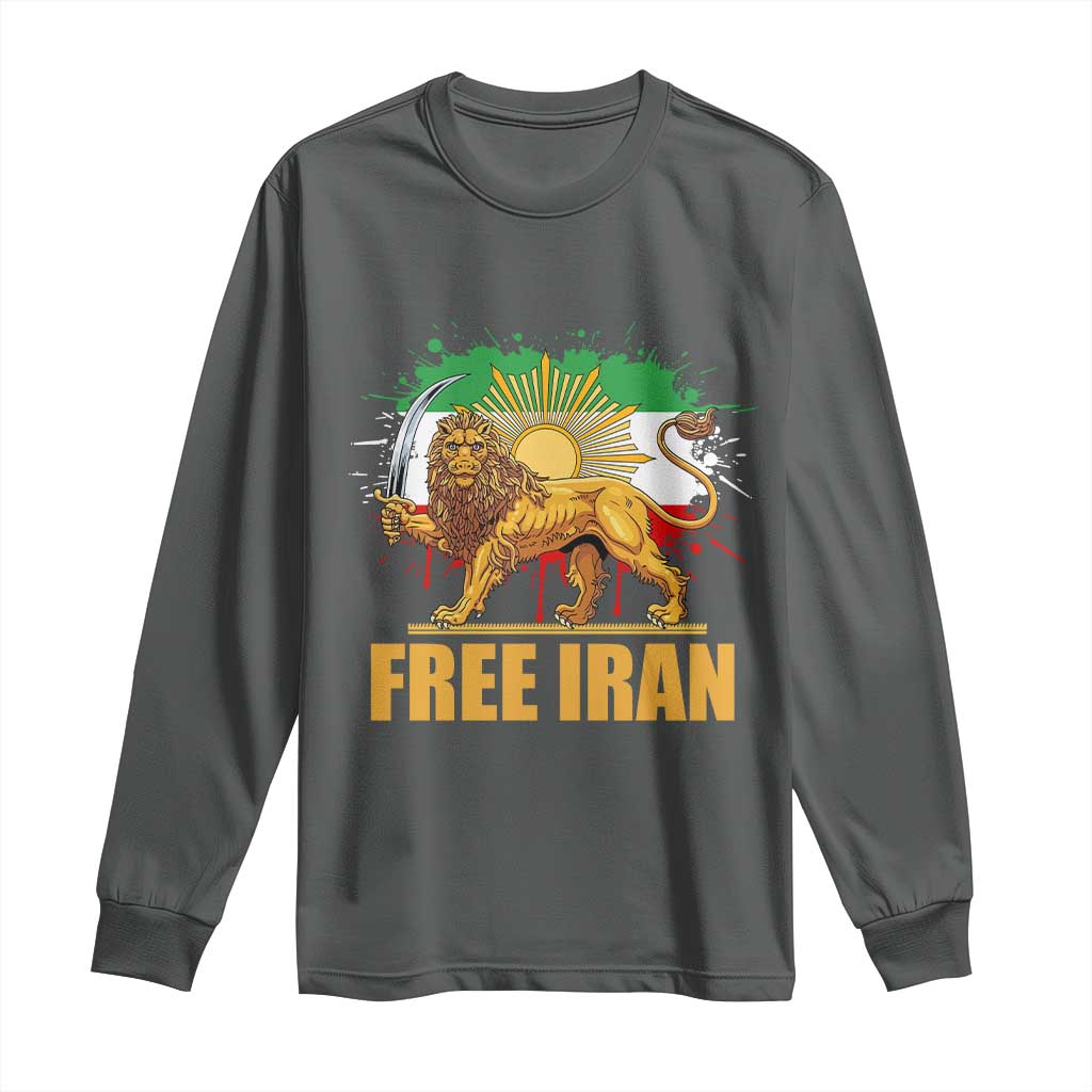 Free Iran Long Sleeve Shirt Iran Flag Lion And Sun Persian Pride Iranian Protests TS11 Dark Heather Print Your Wear