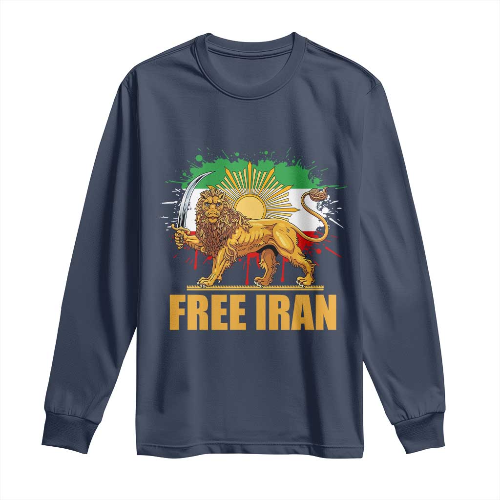 Free Iran Long Sleeve Shirt Iran Flag Lion And Sun Persian Pride Iranian Protests TS11 Navy Print Your Wear
