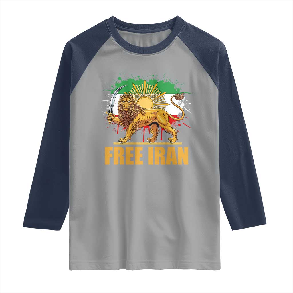 Free Iran Raglan Shirt Iran Flag Lion And Sun Persian Pride Iranian Protests TS11 Sport Gray Navy Print Your Wear