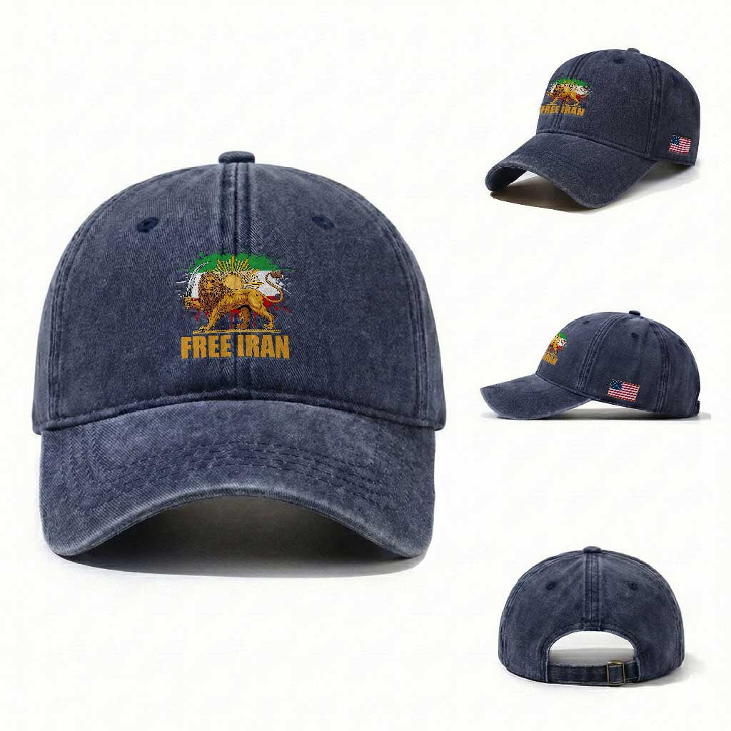 Free Iran Washed Cotton Baseball Cap Iran Flag Lion And Sun Persian Pride Iranian Protests TS11 Washed Cap Universal Fit Navy Print Your Wear