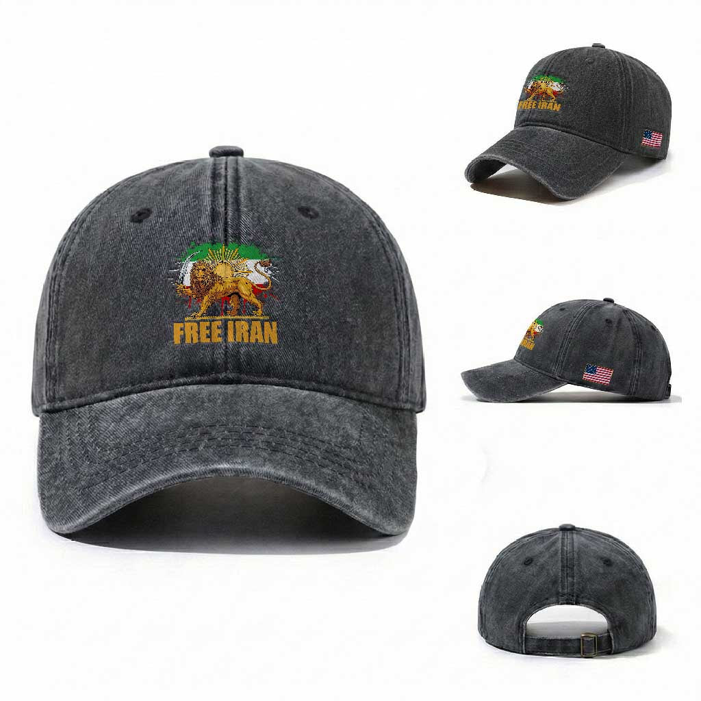 Free Iran Washed Cotton Baseball Cap Iran Flag Lion And Sun Persian Pride Iranian Protests TS11 Washed Cap Universal Fit Dark Gray Print Your Wear