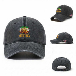 Free Iran Washed Cotton Baseball Cap Iran Flag Lion And Sun Persian Pride Iranian Protests TS11 Washed Cap Universal Fit Dark Gray Print Your Wear