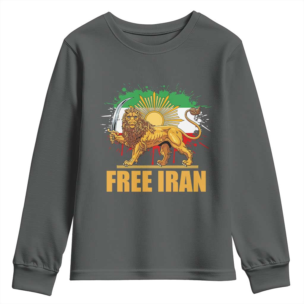 Free Iran Youth Sweatshirt Iran Flag Lion And Sun Persian Pride Iranian Protests TS11 Dark Heather Print Your Wear
