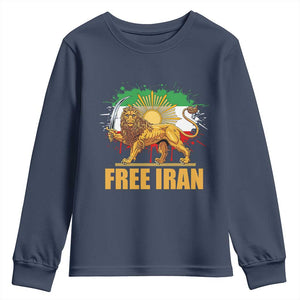 Free Iran Youth Sweatshirt Iran Flag Lion And Sun Persian Pride Iranian Protests TS11 Navy Print Your Wear