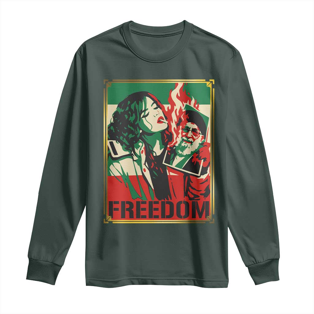Free Iran Protest Long Sleeve Shirt - Support Women Life Freedom Statement Solidarity Tee TS11 Dark Forest Green Print Your Wear