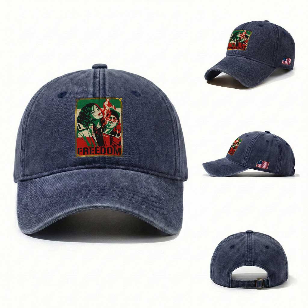 Free Iran Protest Washed Cotton Baseball Cap Support Women Life Freedom Statement TS11 Washed Cap Universal Fit Navy Print Your Wear