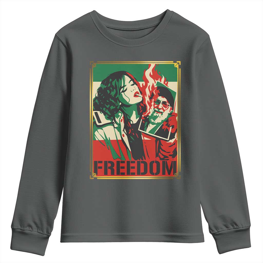 Free Iran Protest Youth Sweatshirt Support Women Life Freedom Statement TS11 Dark Heather Print Your Wear