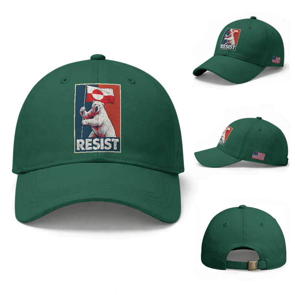 Resist Greenland Polar Bear Holding Flag Art Baseball Cap Resistance Political TS11 Baseball Cap Universal Fit Irish Green Print Your Wear
