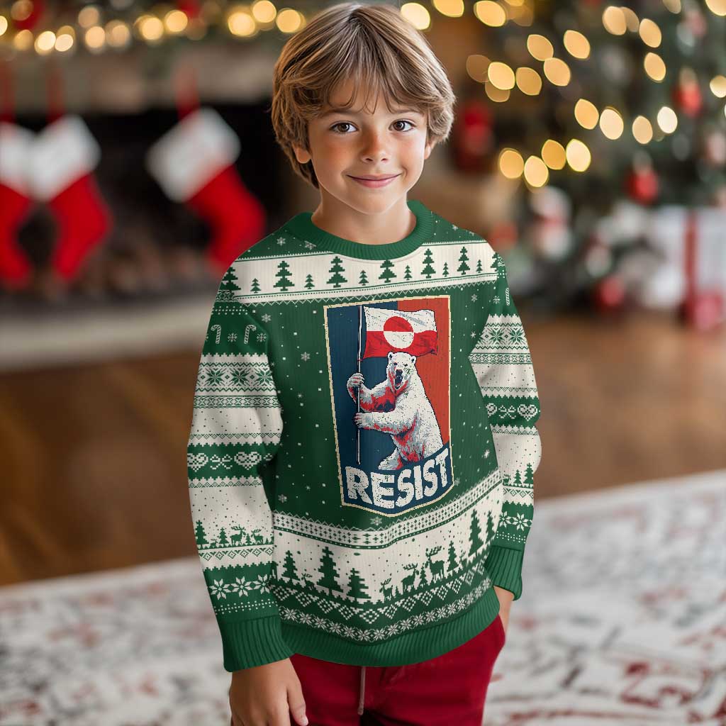 Resist Greenland Polar Bear Holding Flag Art Ugly Christmas Sweater Resistance Political TS11 Forest Green Beige Print Your Wear