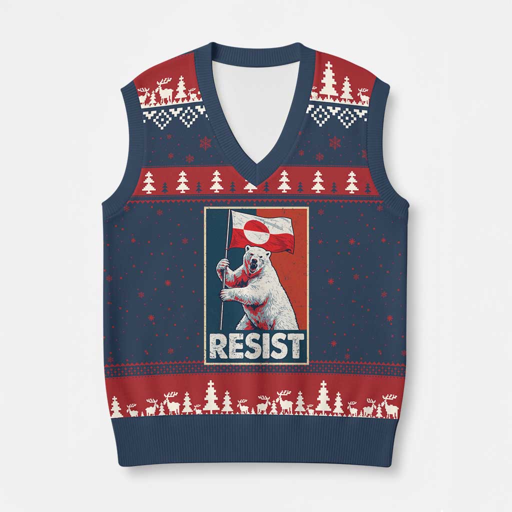 Resist Greenland Polar Bear Holding Flag Art V-Neck Knit Sweater Vest Resistance Political TS11 Navy Red Print Your Wear