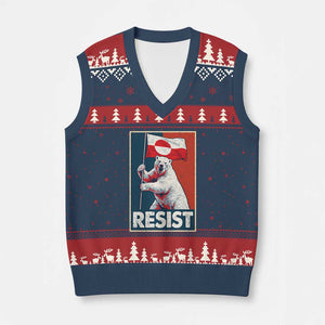 Resist Greenland Polar Bear Holding Flag Art V-Neck Knit Sweater Vest Resistance Political TS11 Navy Red Print Your Wear