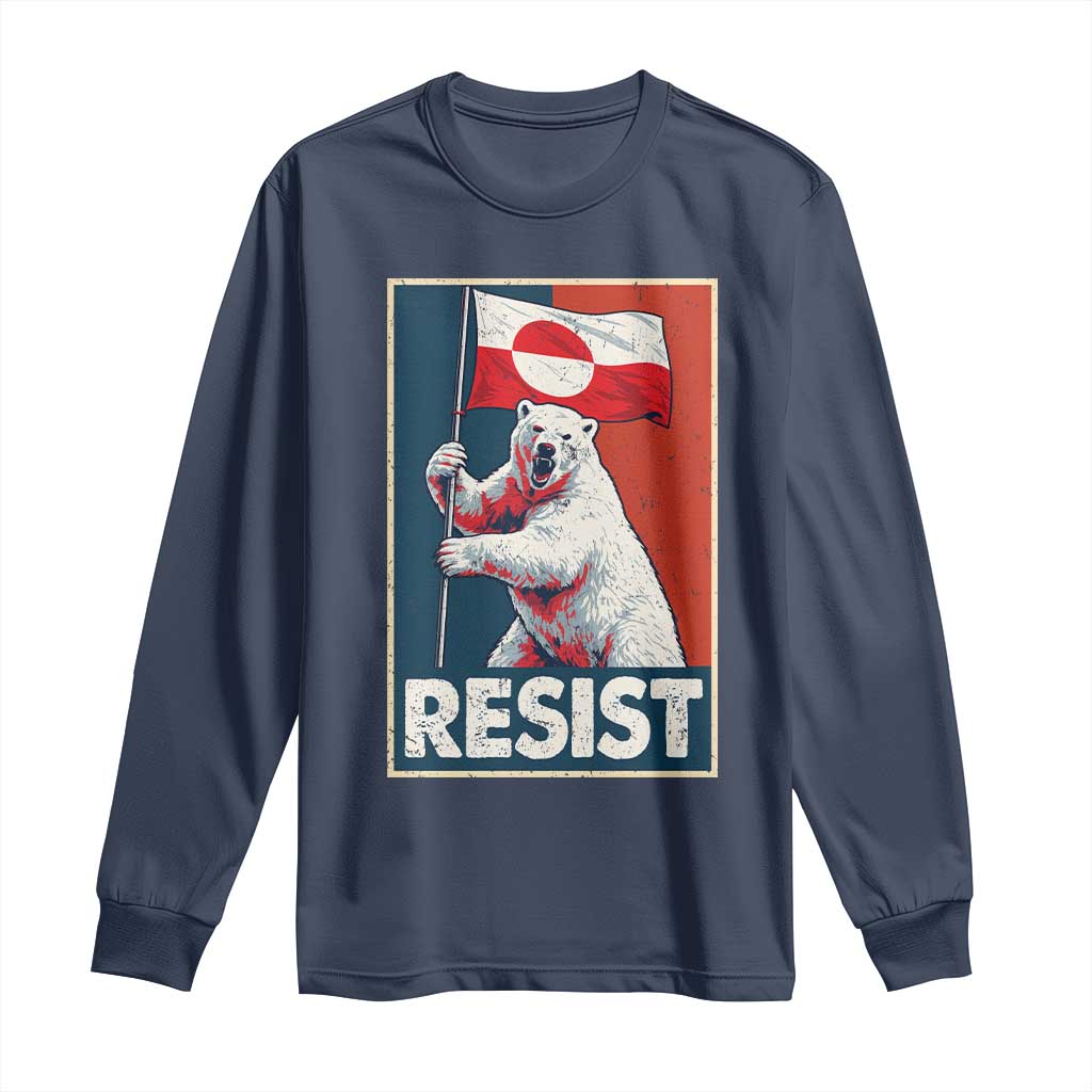 Resist Greenland Polar Bear Holding Flag Art Long Sleeve Shirt Resistance Political TS11 Navy Print Your Wear