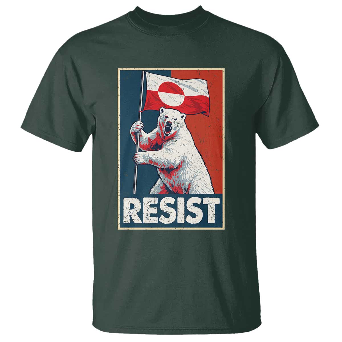 Resist Greenland Polar Bear Holding Flag Art T Shirt Resistance Political TS11 Dark Forest Green Print Your Wear