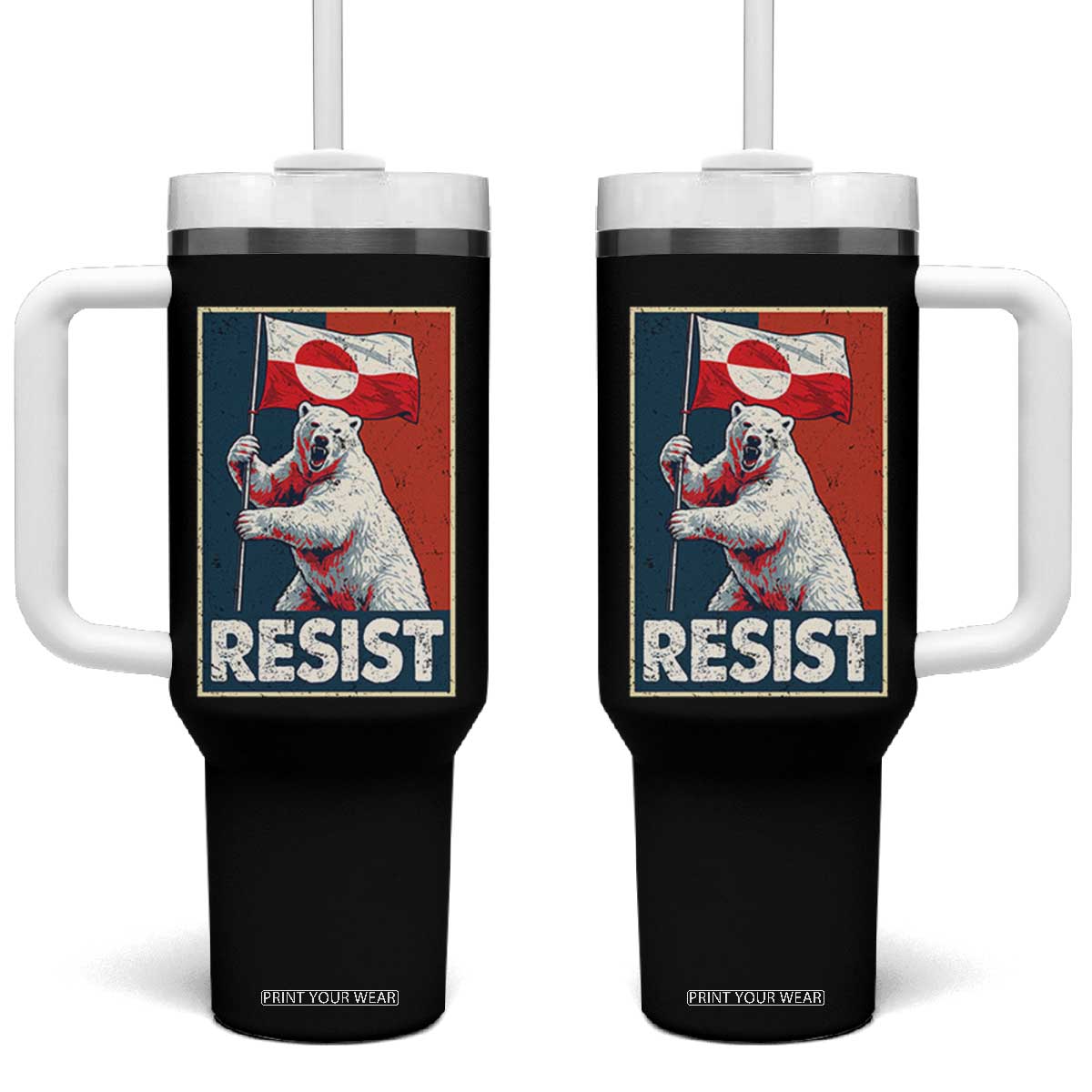 Resist Greenland Polar Bear Holding Flag Art Tumbler With Handle Resistance Political TS11 One Size: 40 oz Black Print Your Wear