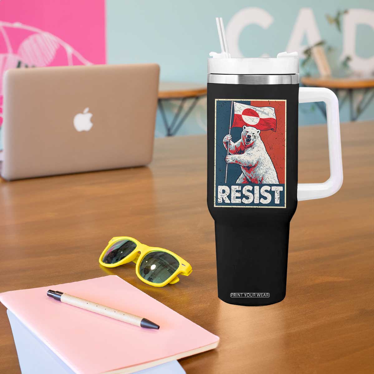 Resist Greenland Polar Bear Holding Flag Art Tumbler With Handle Resistance Political TS11 Print Your Wear