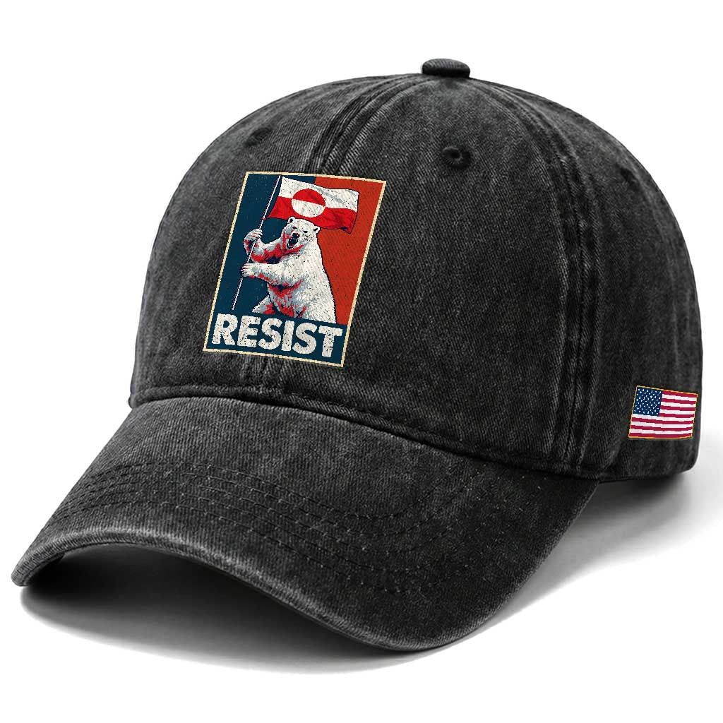 Resist Greenland Polar Bear Holding Flag Art Washed Cotton Baseball Cap Resistance Political TS11 Print Your Wear
