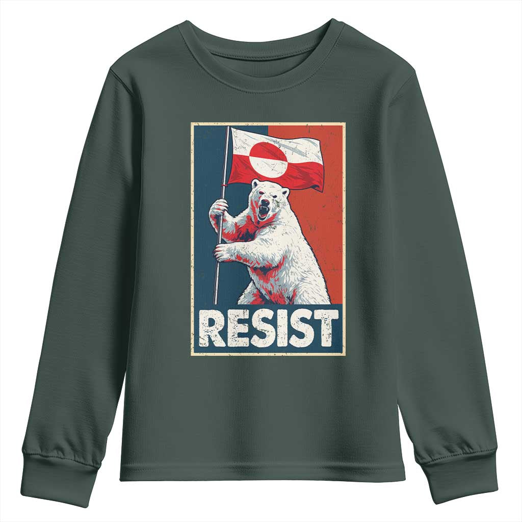 Resist Greenland Polar Bear Holding Flag Art Youth Sweatshirt Resistance Political TS11 Dark Forest Green Print Your Wear