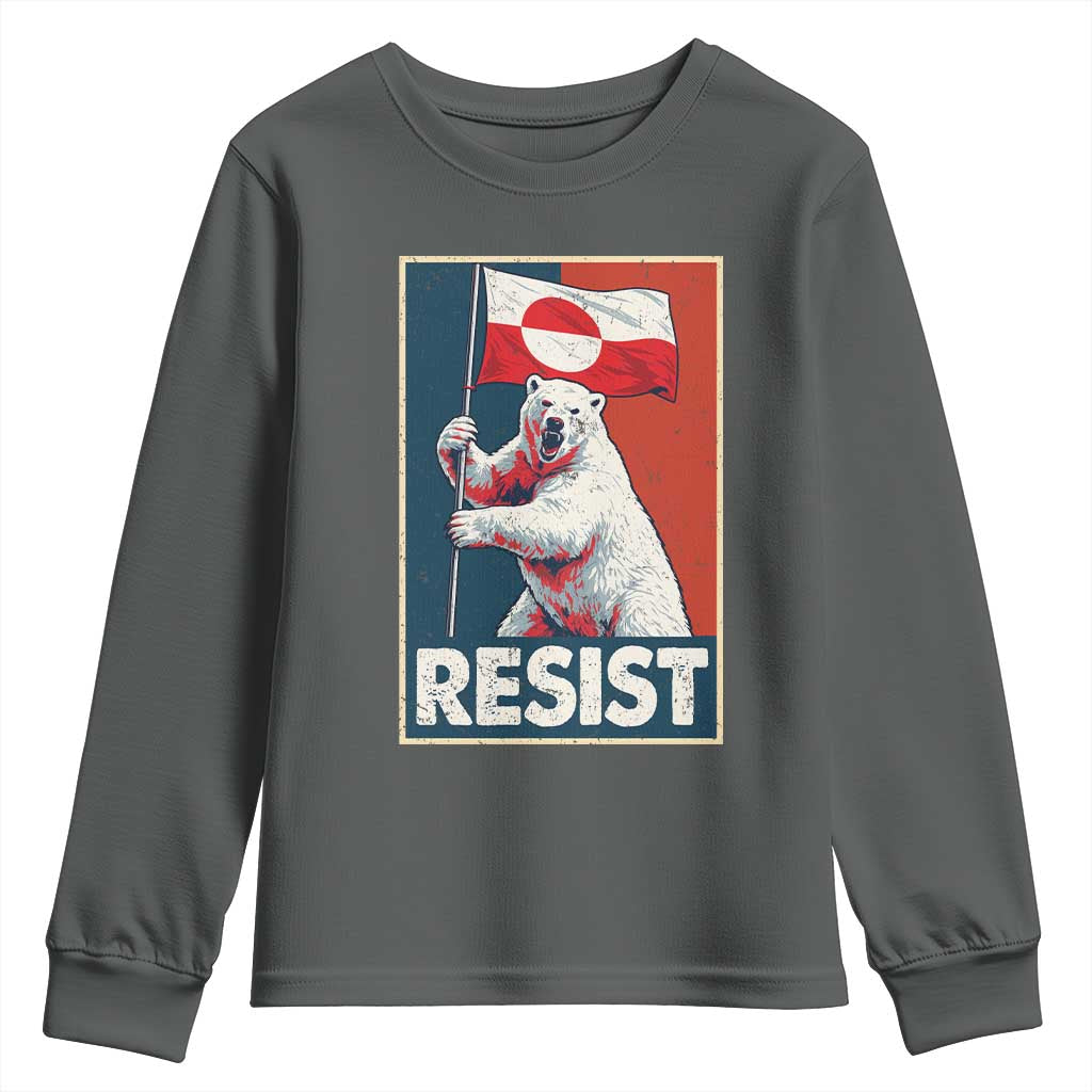 Resist Greenland Polar Bear Holding Flag Art Youth Sweatshirt Resistance Political TS11 Dark Heather Print Your Wear