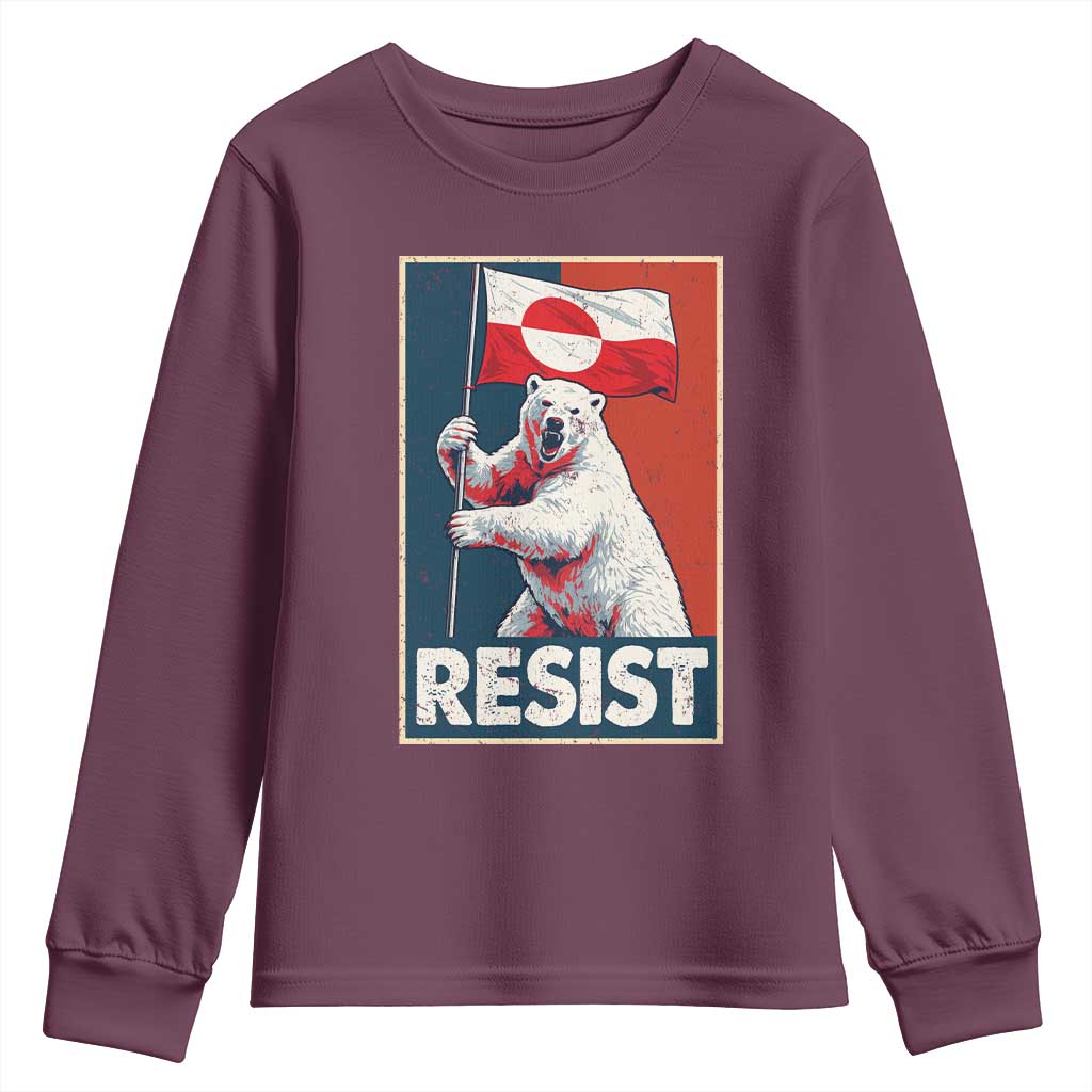 Resist Greenland Polar Bear Holding Flag Art Youth Sweatshirt Resistance Political TS11 Maroon Print Your Wear