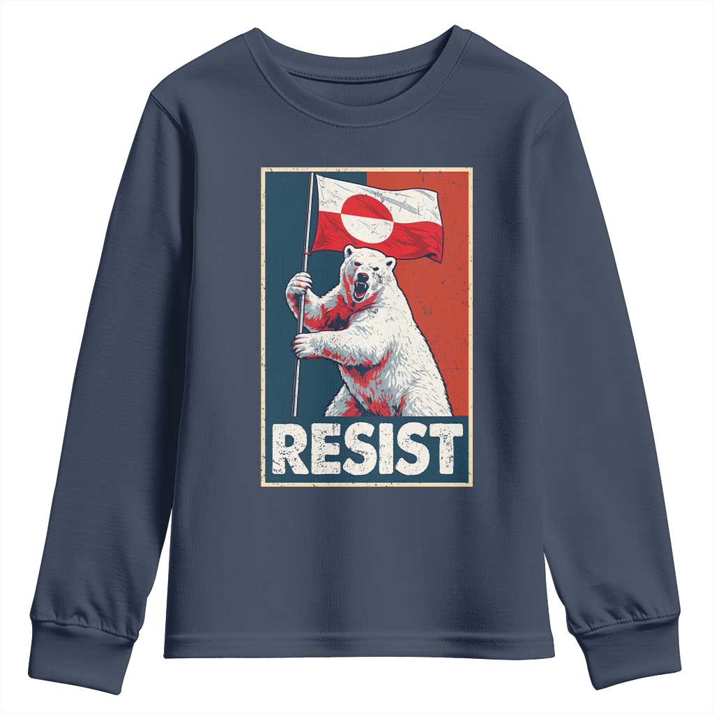 Resist Greenland Polar Bear Holding Flag Art Youth Sweatshirt Resistance Political TS11 Navy Print Your Wear