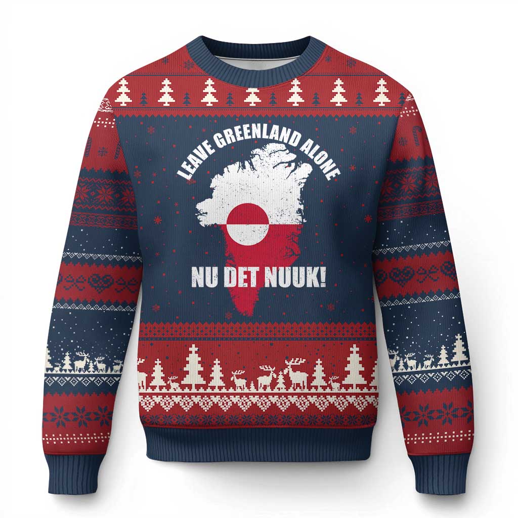 Nu Det Nuuk Leave Greenland Alone Ugly Christmas Sweater Political Statement Greenland Policy TS11 Navy Red Print Your Wear