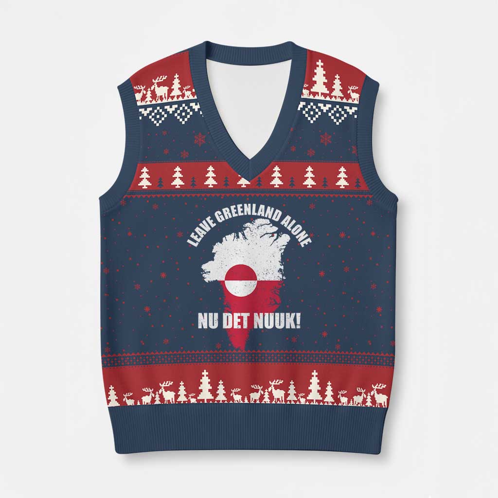 Nu Det Nuuk Leave Greenland Alone V-Neck Knit Sweater Vest Political Statement Greenland Policy TS11 Navy Red Print Your Wear