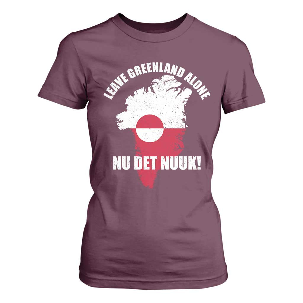 Nu Det Nuuk Leave Greenland Alone T Shirt For Women Political Statement Greenland Policy TS11 Maroon Print Your Wear