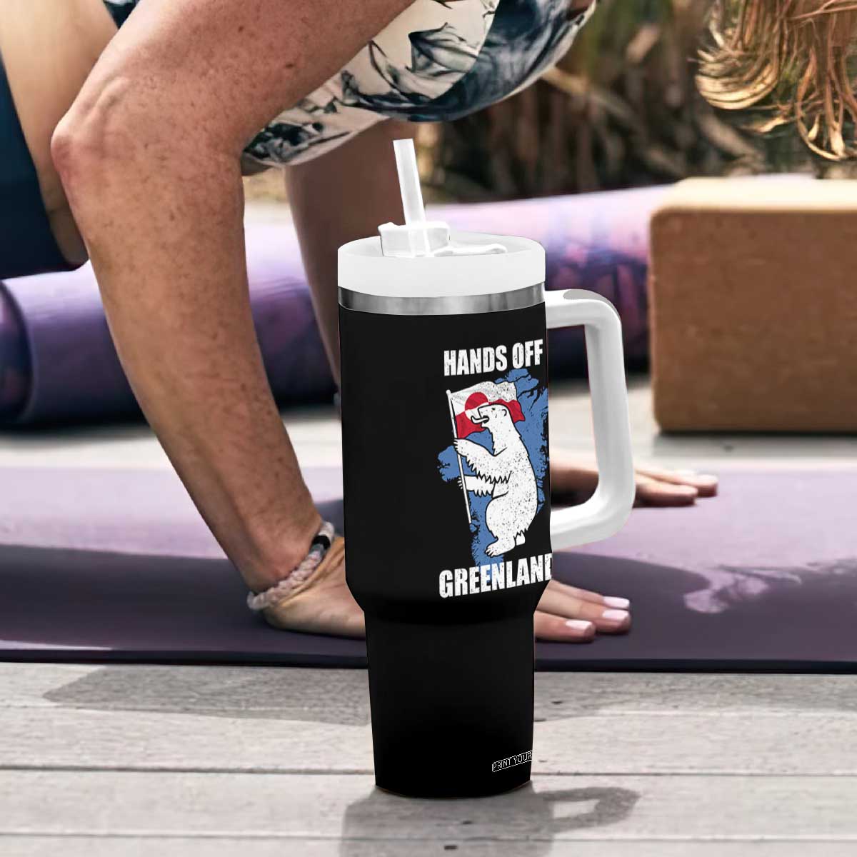 Hands Off Greenland Protest Tumbler With Handle Support Greenland Bear Holding Flag TS11 Print Your Wear