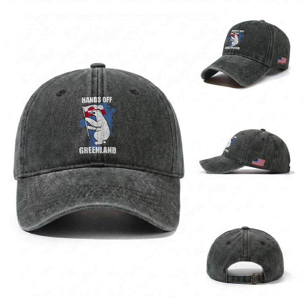 Hands Off Greenland Protest Washed Cotton Baseball Cap Support Greenland Bear Holding Flag TS11 Washed Cap Universal Fit Dark Green Print Your Wear