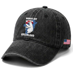Hands Off Greenland Protest Washed Cotton Baseball Cap Support Greenland Bear Holding Flag TS11 Print Your Wear