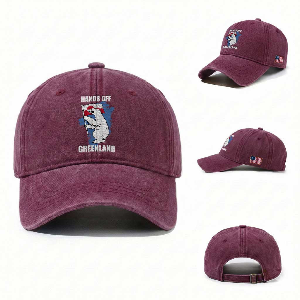 Hands Off Greenland Protest Washed Cotton Baseball Cap Support Greenland Bear Holding Flag TS11 Washed Cap Universal Fit Burgundy Print Your Wear