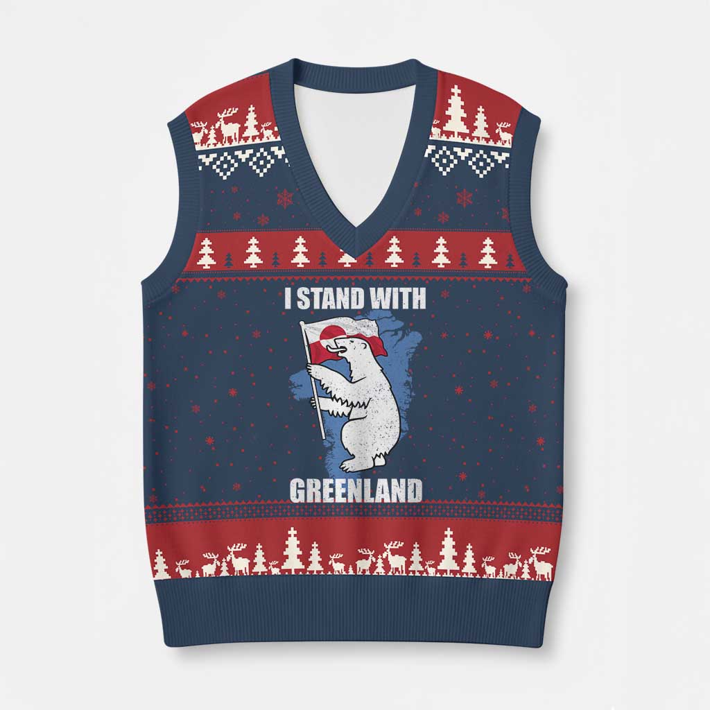 I Stand With Greenland V-Neck Knit Sweater Vest Polar Bear Greenland Protest TS11 Navy Red Print Your Wear