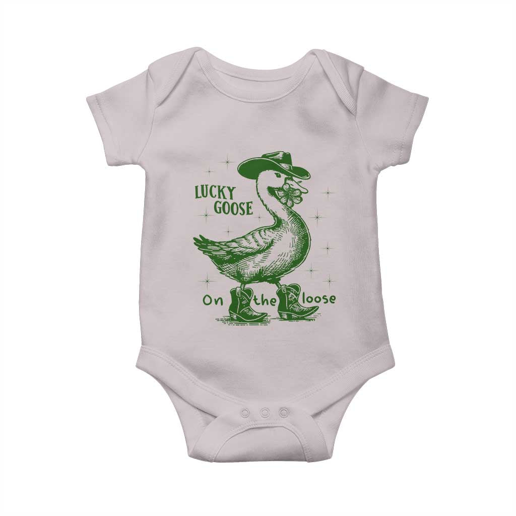 Funny St Patrick's Day Lucky Goose On The Loose Baby Onesie Cowboy Goose Shamrock TS11 Ice Gray Print Your Wear