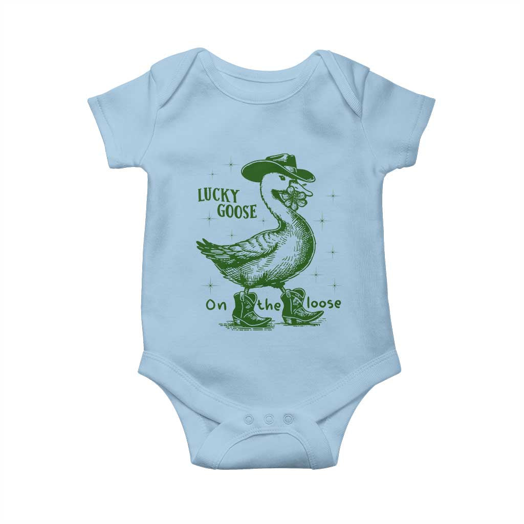 Funny St Patrick's Day Lucky Goose On The Loose Baby Onesie Cowboy Goose Shamrock TS11 Light Blue Print Your Wear